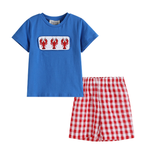 Blue Crawfish Smocked T-Shirt & Red Gingham Shorts