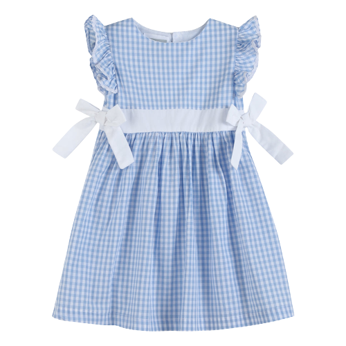 Light Blue Striped Gingham Ruffle Bow Dress