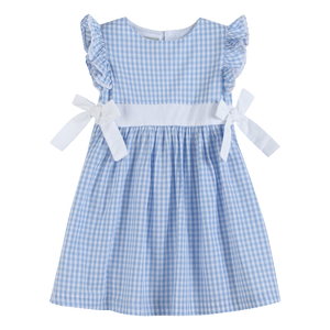 Light Blue Striped Gingham Ruffle Bow Dress