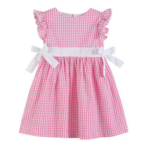 Light Pink Striped Gingham Ruffle Bow Dress