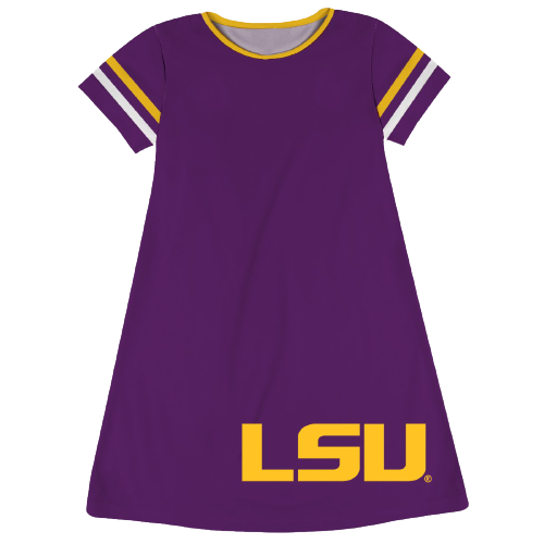 LSU Big Logo Purple Stripes Short Sleeve A Line Dress