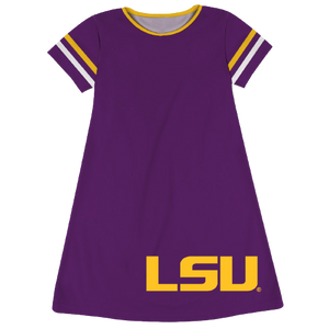 LSU Big Logo Purple Stripes Short Sleeve A Line Dress