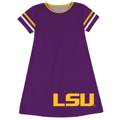 LSU Big Logo Purple Stripes Short Sleeve A Line Dress