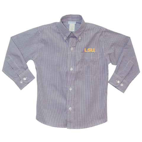 LSU Embroidered Purple Gingham Long Sleeve Button Down Shirt