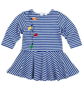 Royal Blue Stripe Knit Dress With Holiday Lights