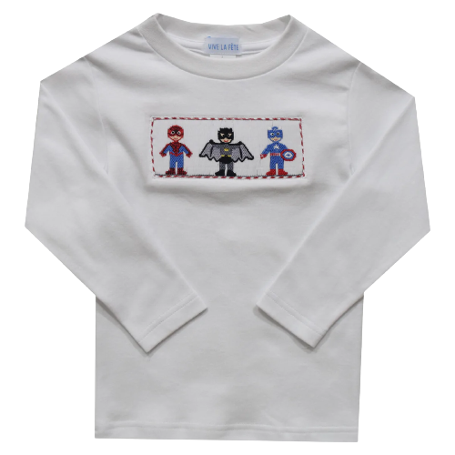 Super Hero Smocked White Knit Long Sleeve Tee