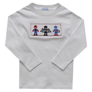 Super Hero Smocked White Knit Long Sleeve Tee