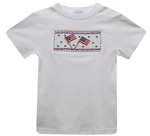 Party 4th July Smocked White Knit Short Sleeve Boys Tee Shirt