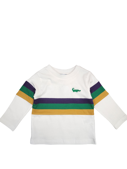 Mardi Gras Shirt - White w/Purple Green and Gold Rugby Stripe